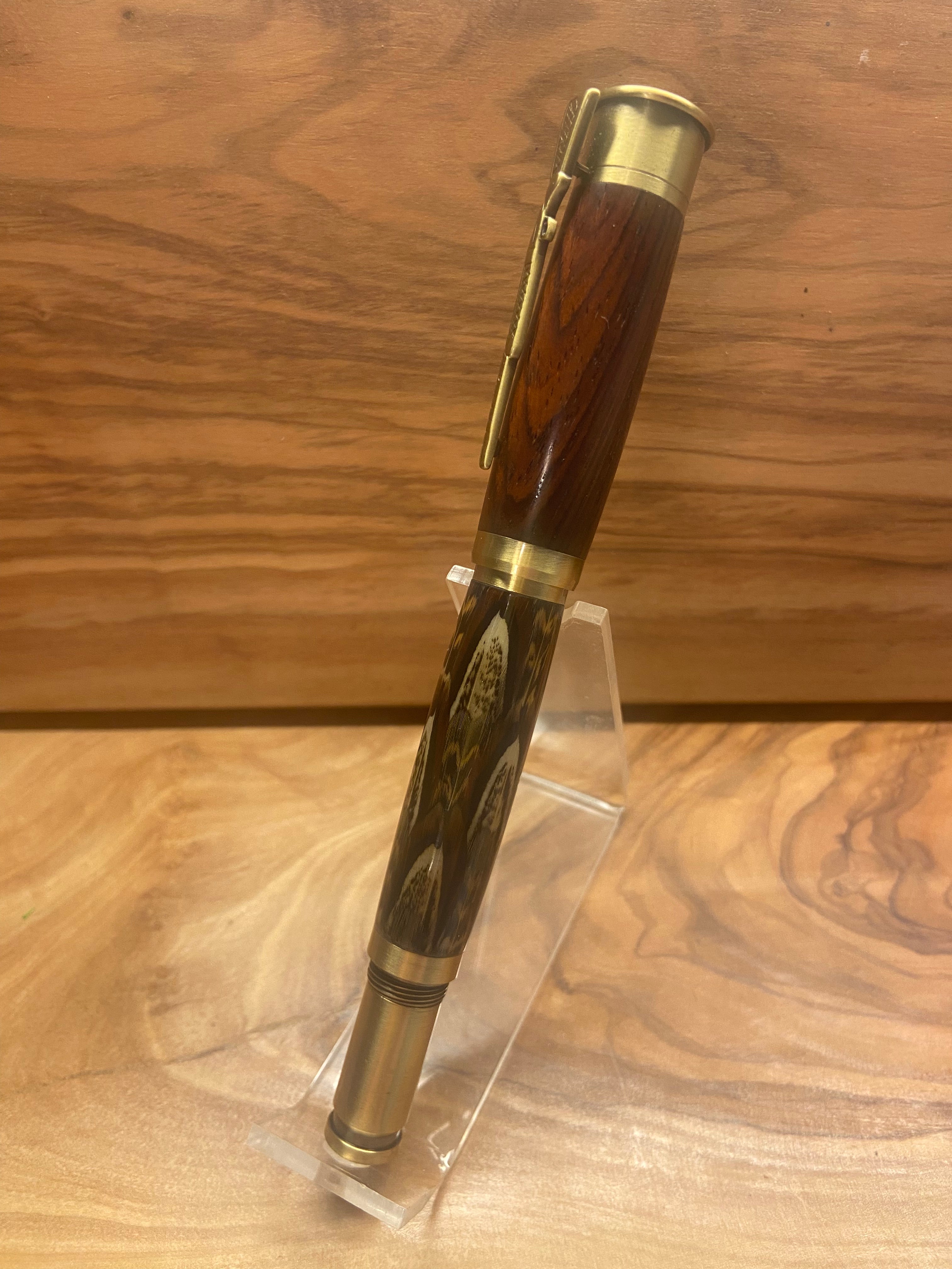 Cocobolo & Ringneck Pheasant Feathers Over/Under Shotgun Shell 30 Caliber Rollerball Bullet Pen in Brass