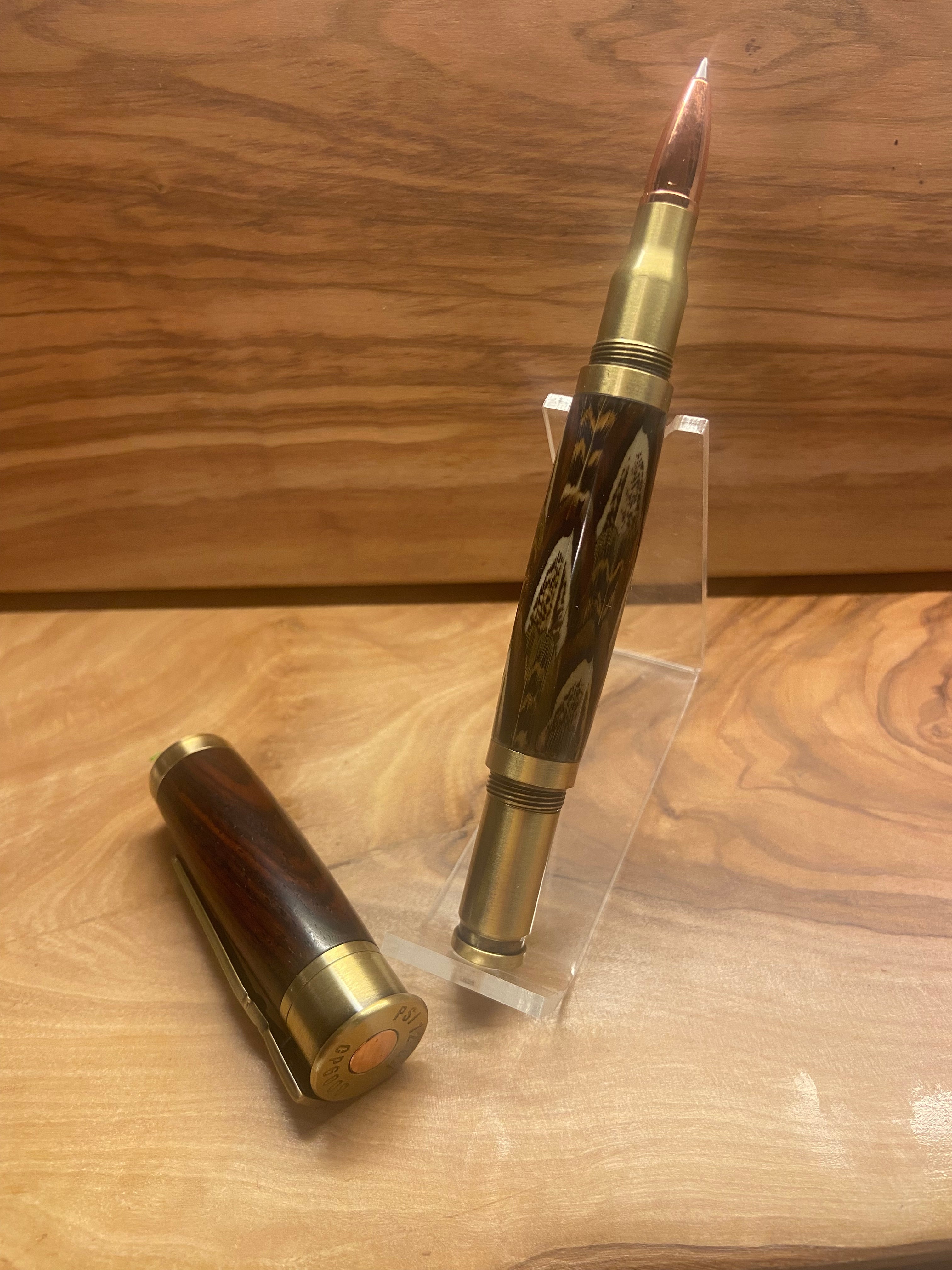 Cocobolo & Ringneck Pheasant Feathers Over/Under Shotgun Shell 30 Caliber Rollerball Bullet Pen in Brass