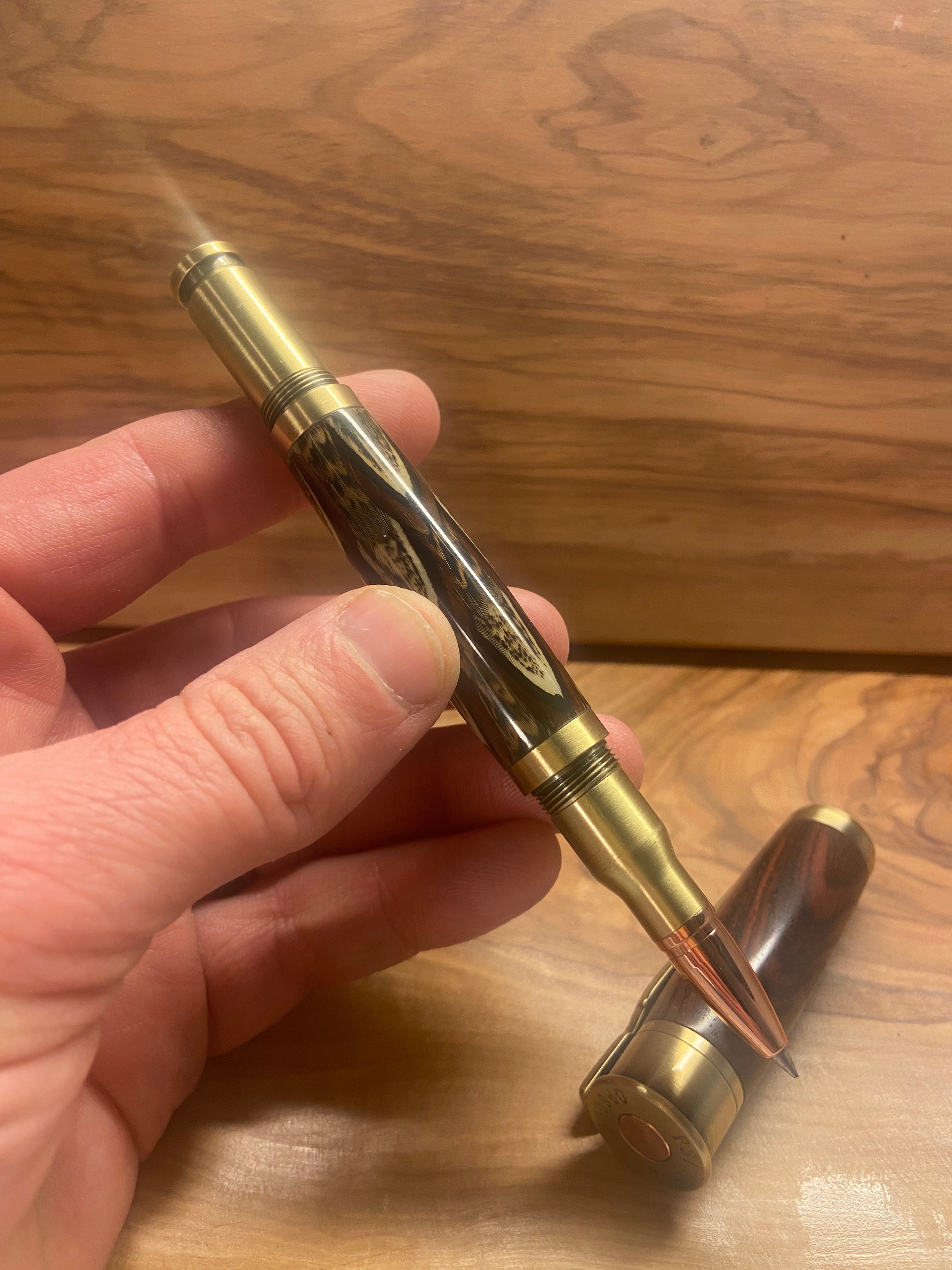 Cocobolo & Ringneck Pheasant Feathers Over/Under Shotgun Shell 30 Caliber Rollerball Bullet Pen in Brass