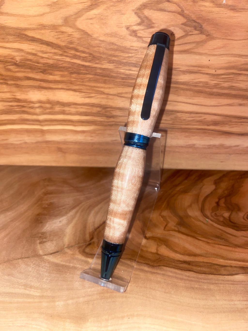 Curly Maple Blue Titanium Cigar Pen