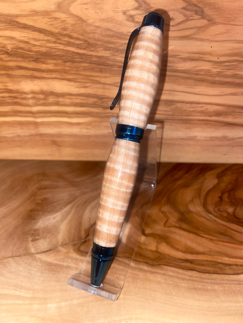Curly Maple Blue Titanium Cigar Pen