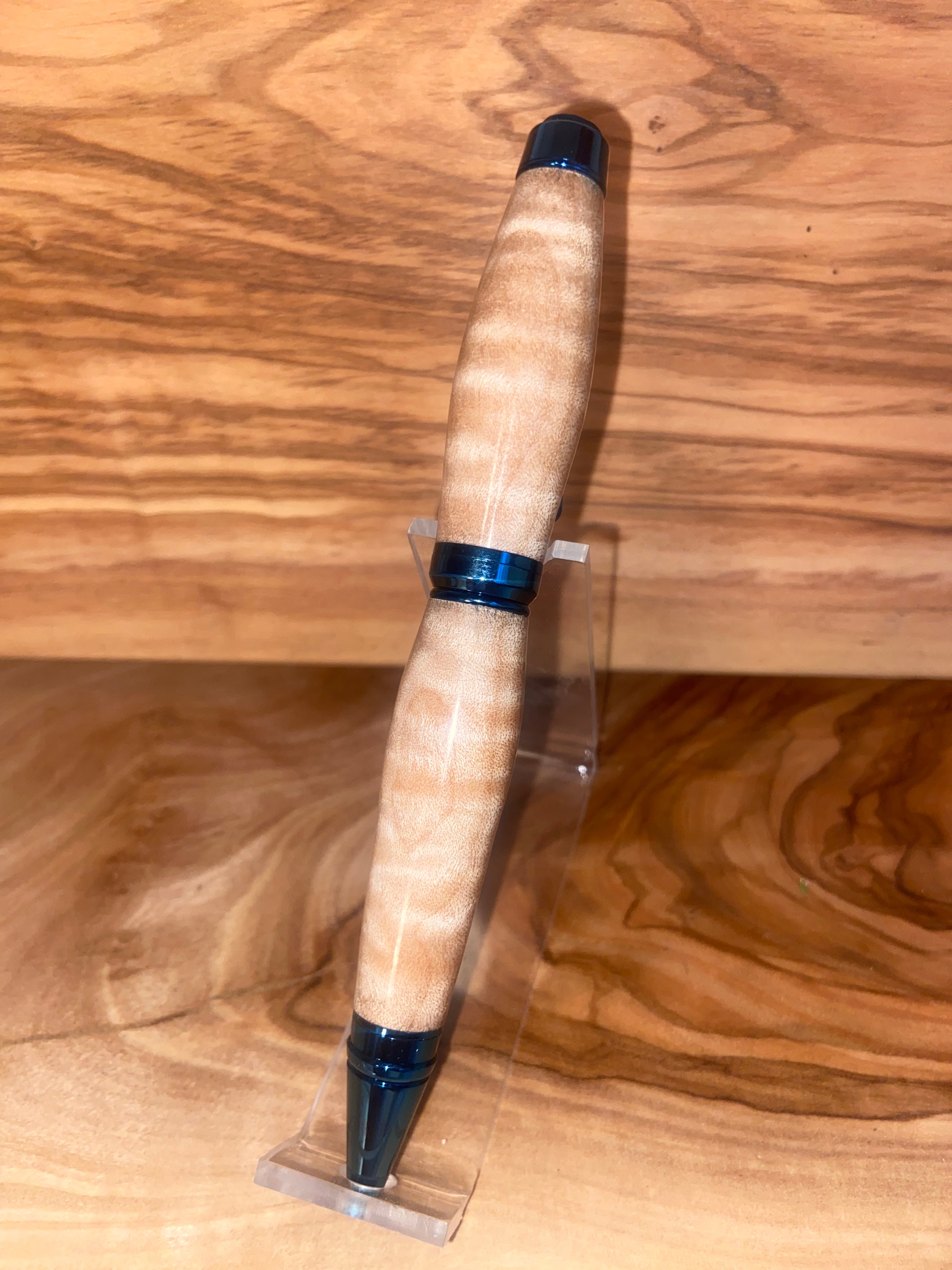 Curly Maple Blue Titanium Cigar Pen