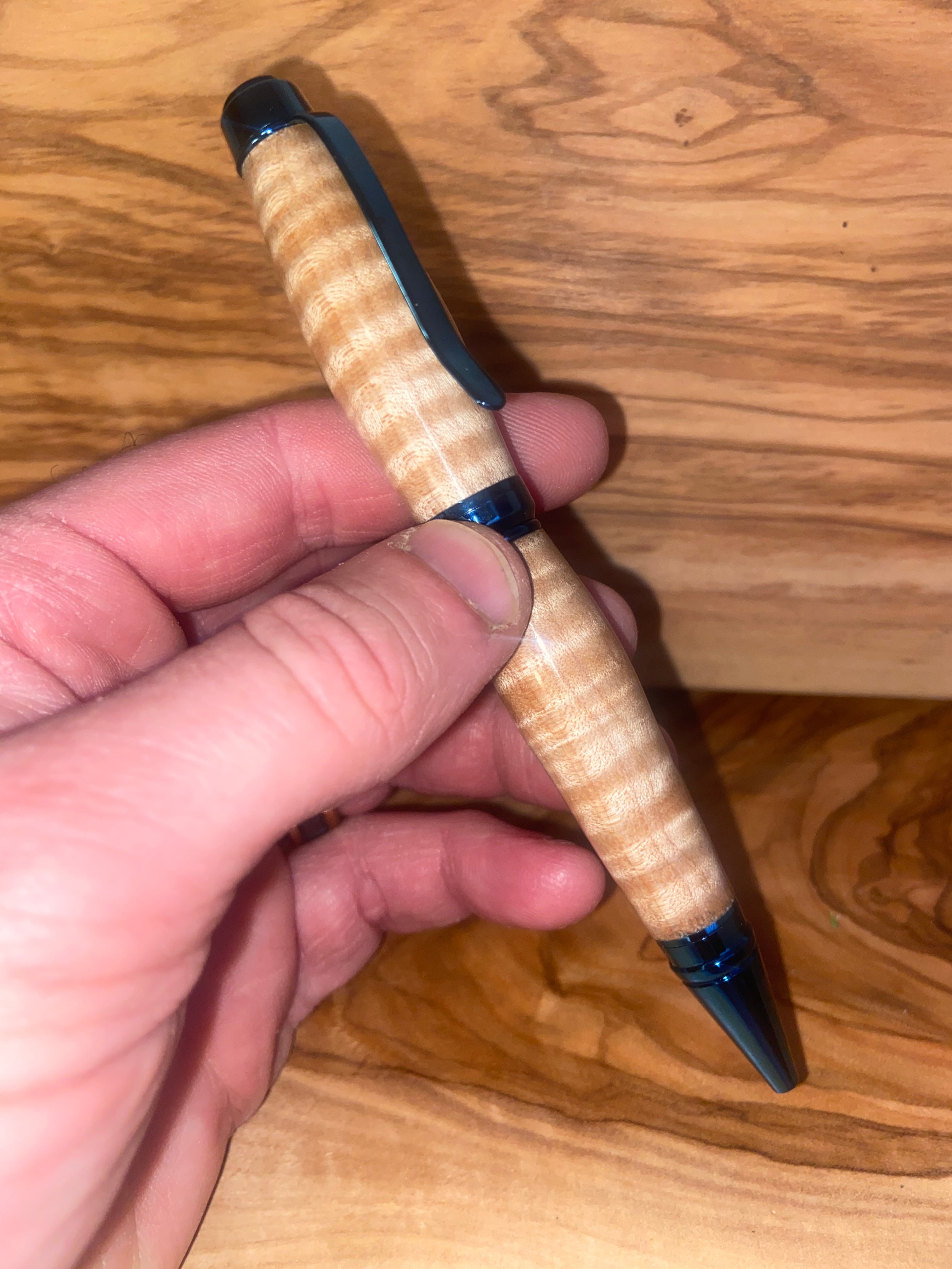 Curly Maple Blue Titanium Cigar Pen