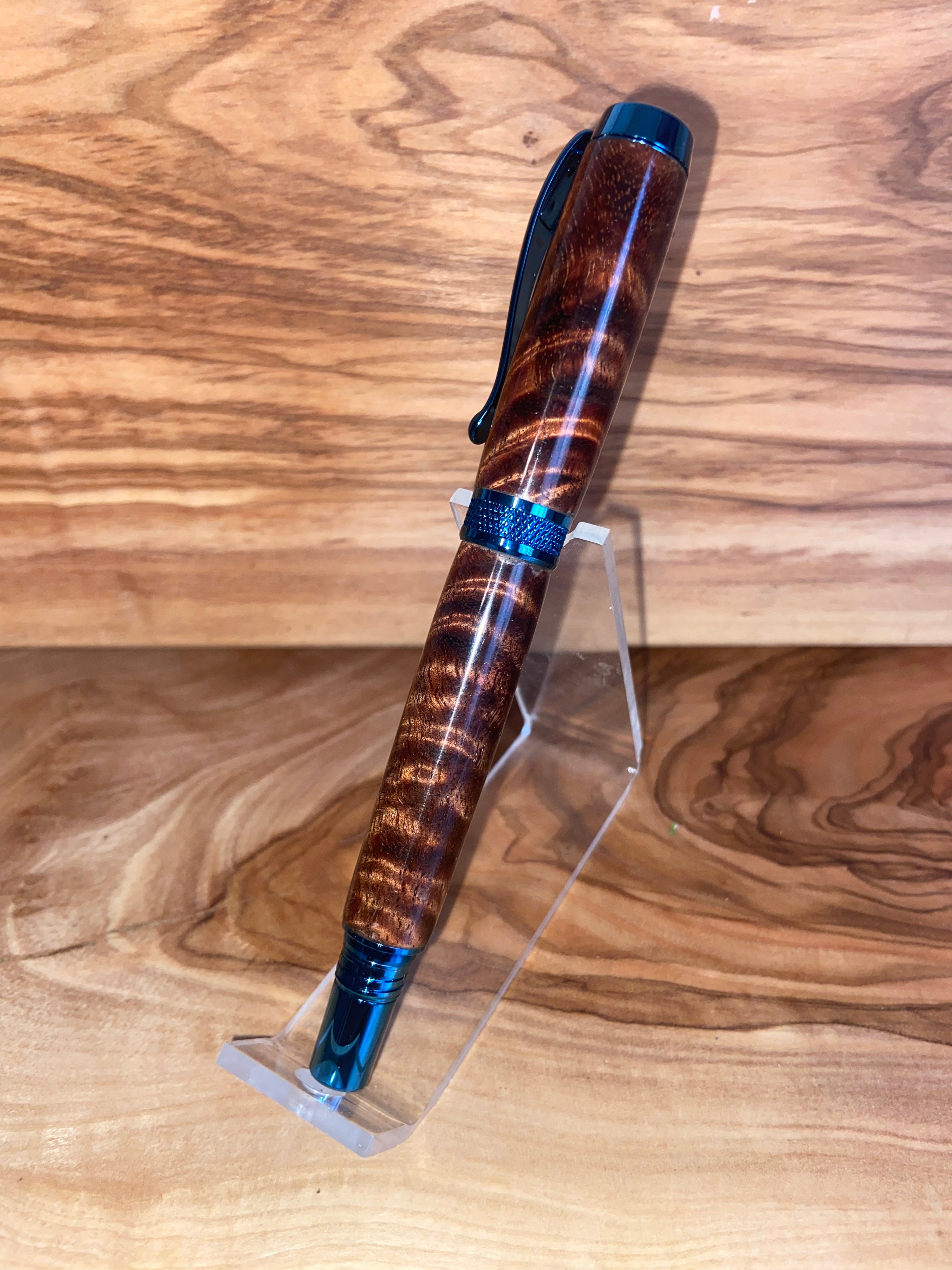 Diamond in the Rough Curly Koa Blue Titanium Rollerball/Fountain Pen