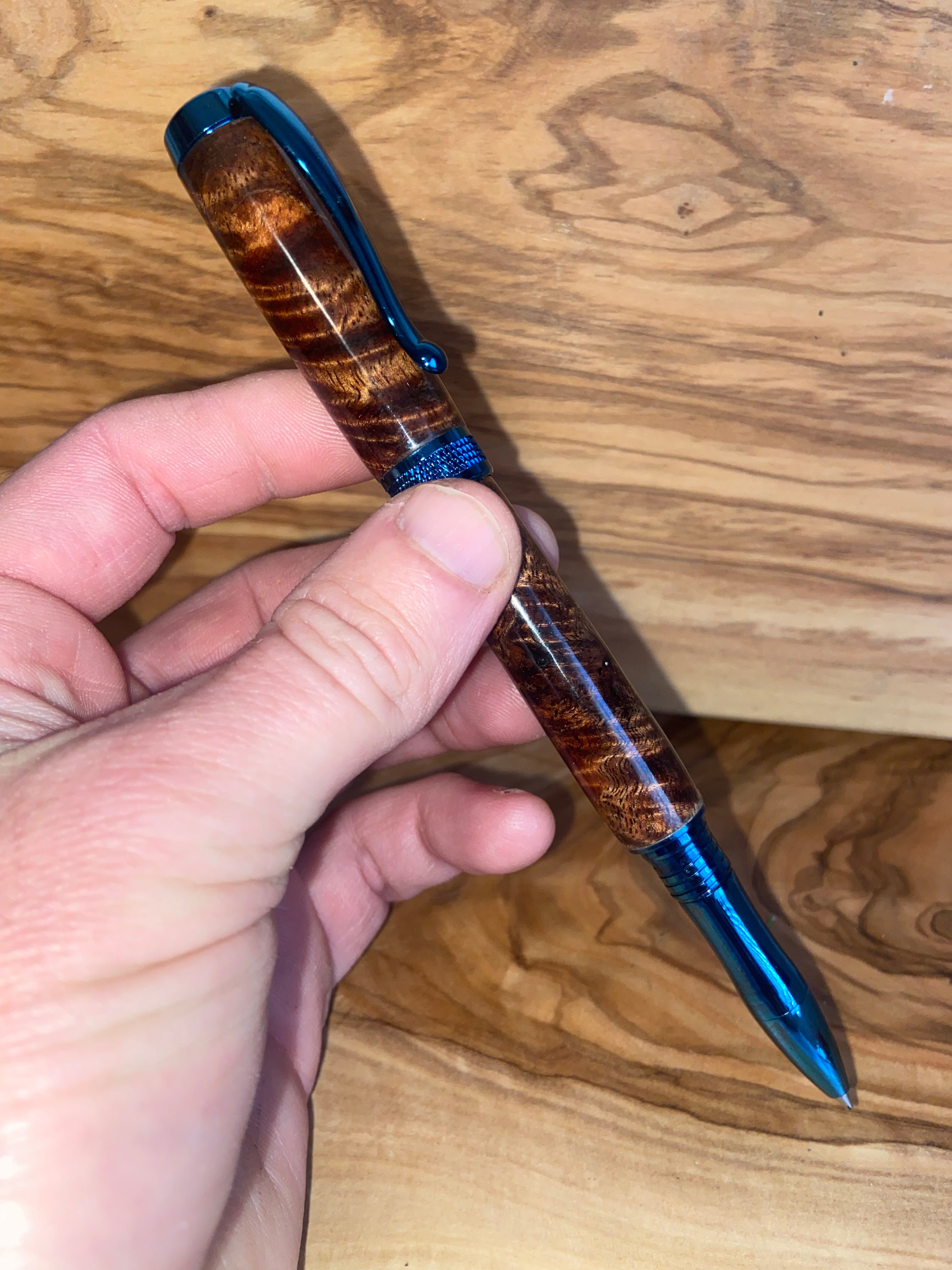 Diamond in the Rough Curly Koa Blue Titanium Rollerball/Fountain Pen
