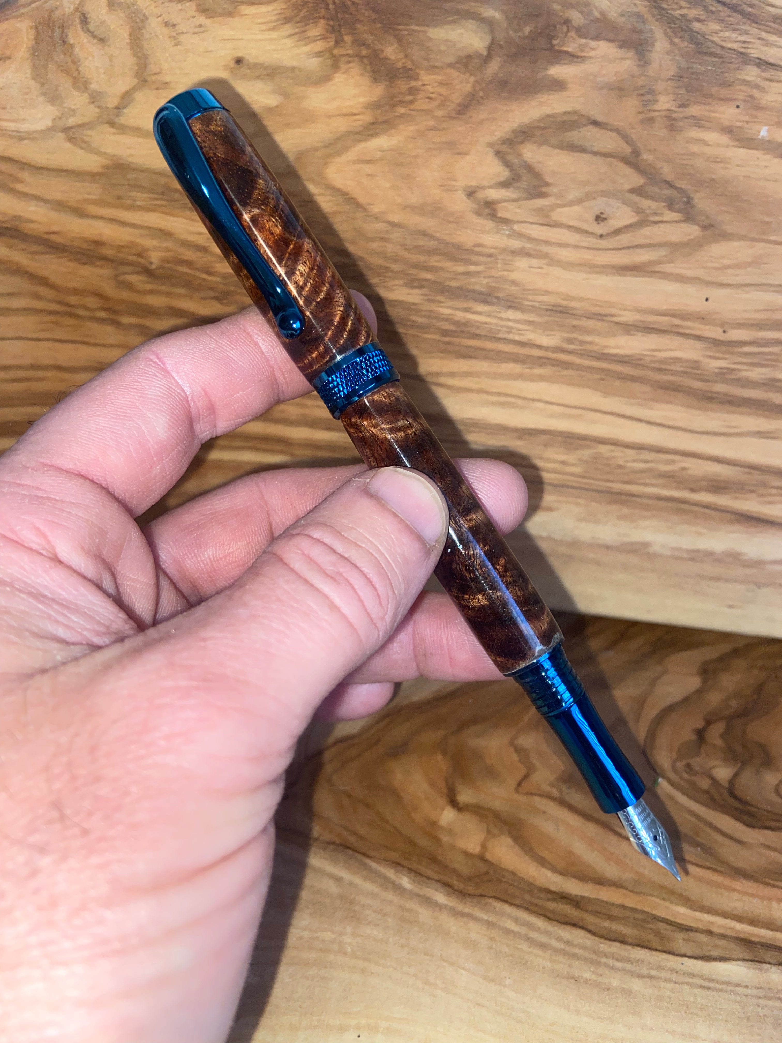 Diamond in the Rough Curly Koa Blue Titanium Rollerball/Fountain Pen
