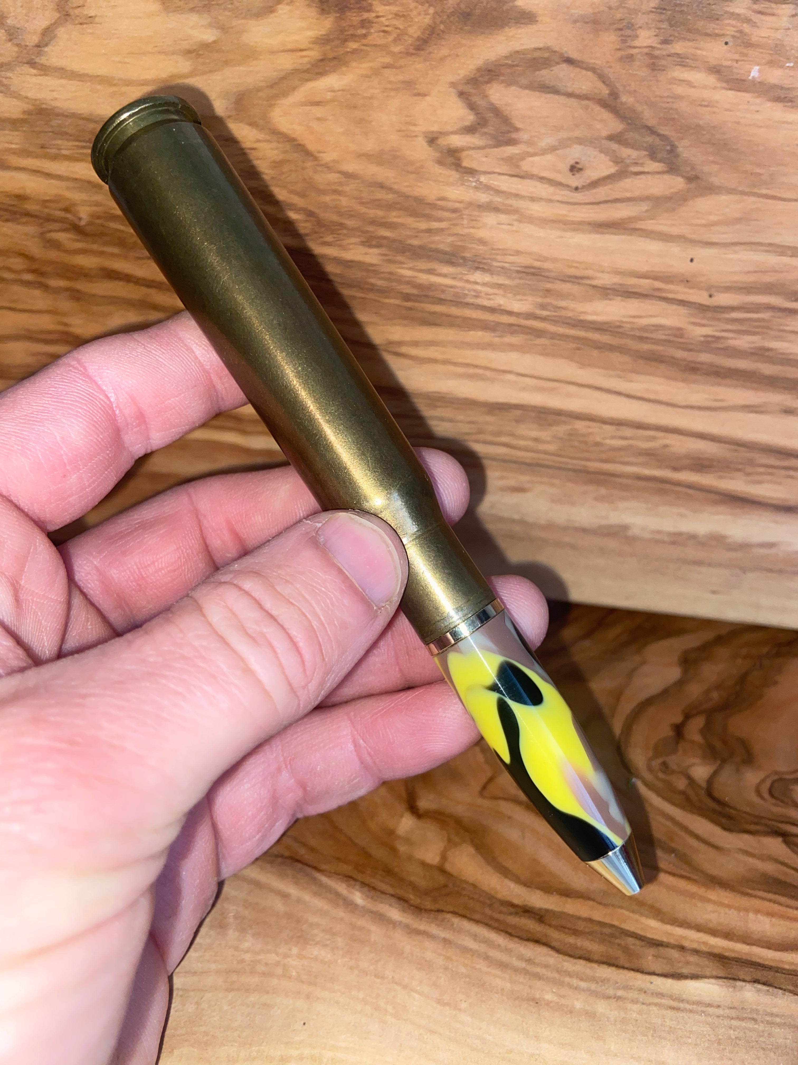 50 Caliber Themed Writing Pen - Autumn Camo Acrylic Bullet Design