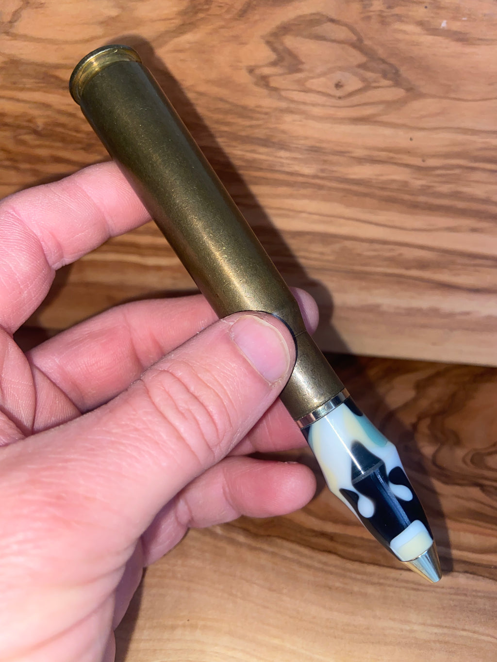 50 Caliber Themed Writing Pen - Alpine Camo Acrylic Bullet Design