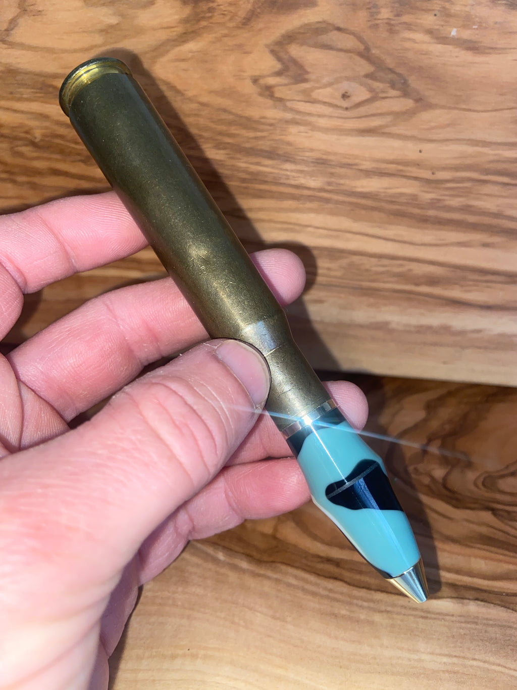50 Caliber Themed Writing Pen - Alpine Camo Acrylic Bullet Design
