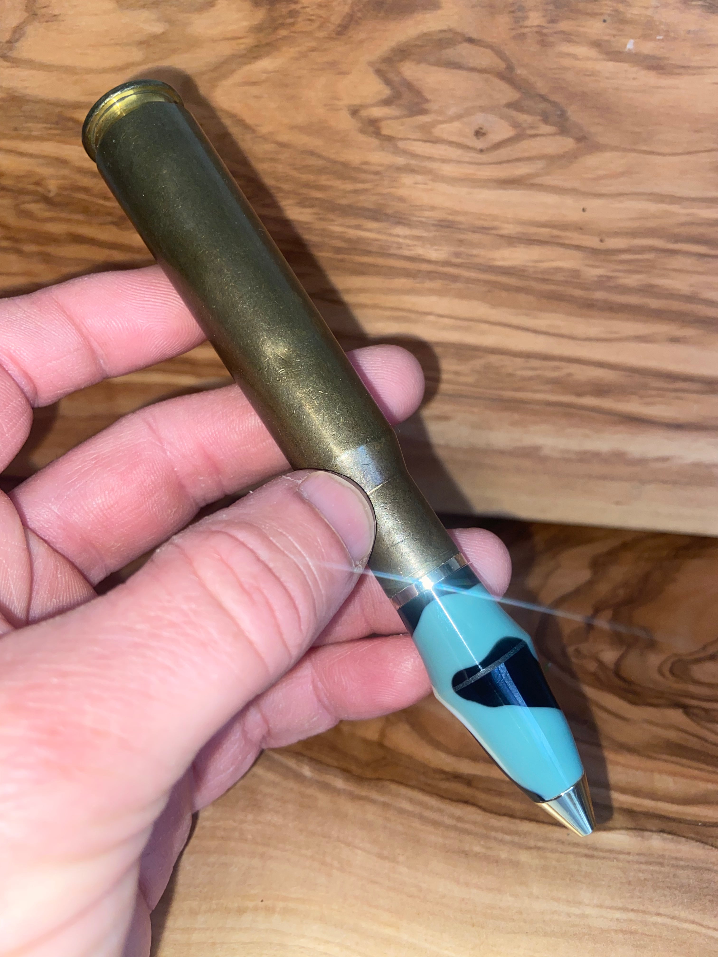 50 Caliber Themed Writing Pen - Alpine Camo Acrylic Bullet Design