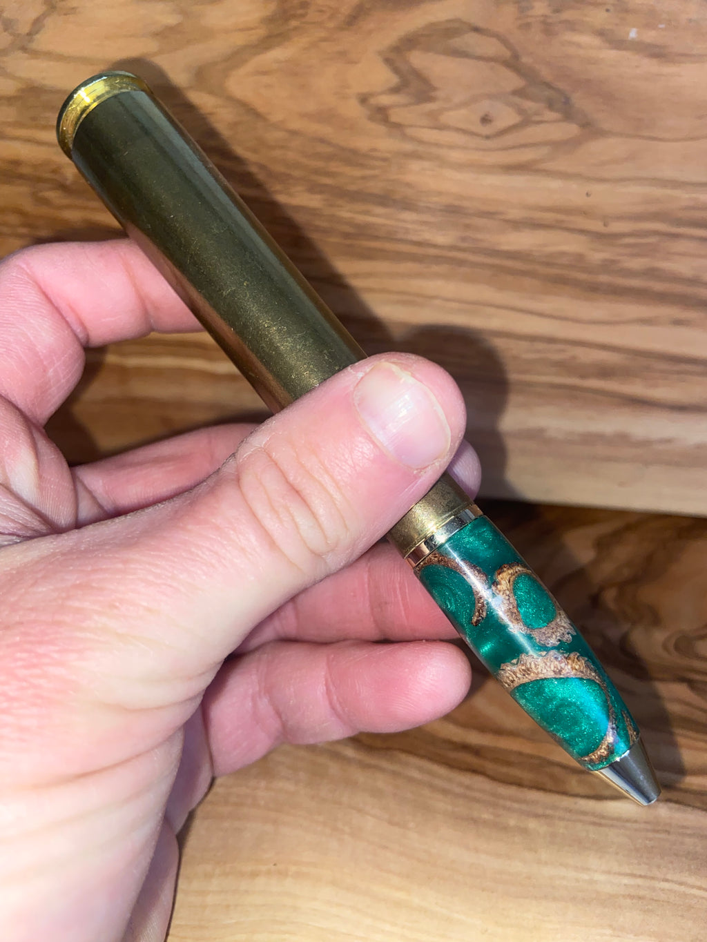 50 Caliber Themed Writing Pen - Acorn Caps in epoxy Bullet Design