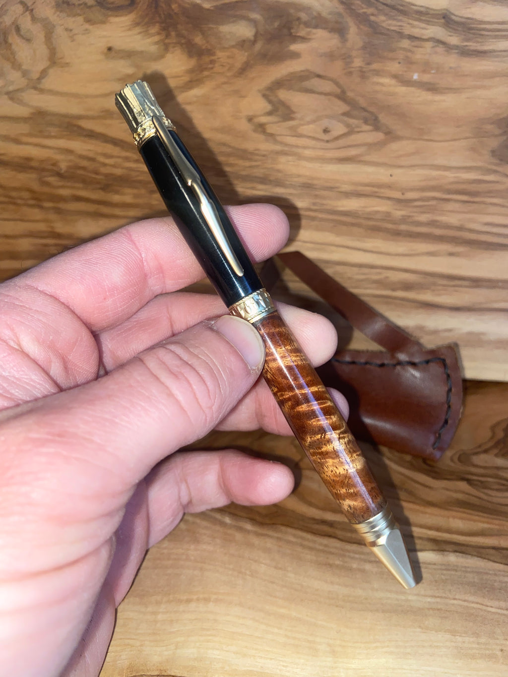 Ebony & Curly Koa Satin Gold Archery Twist Pen