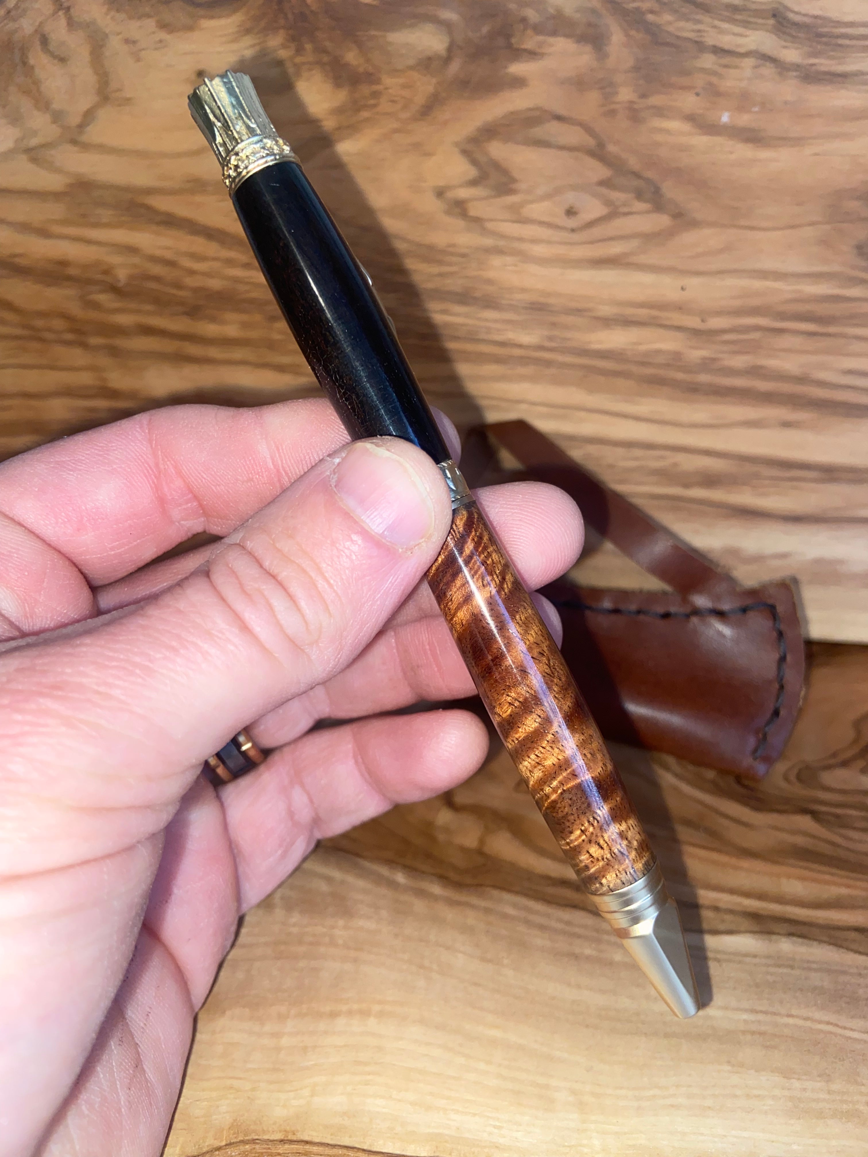 Ebony & Curly Koa Satin Gold Archery Twist Pen