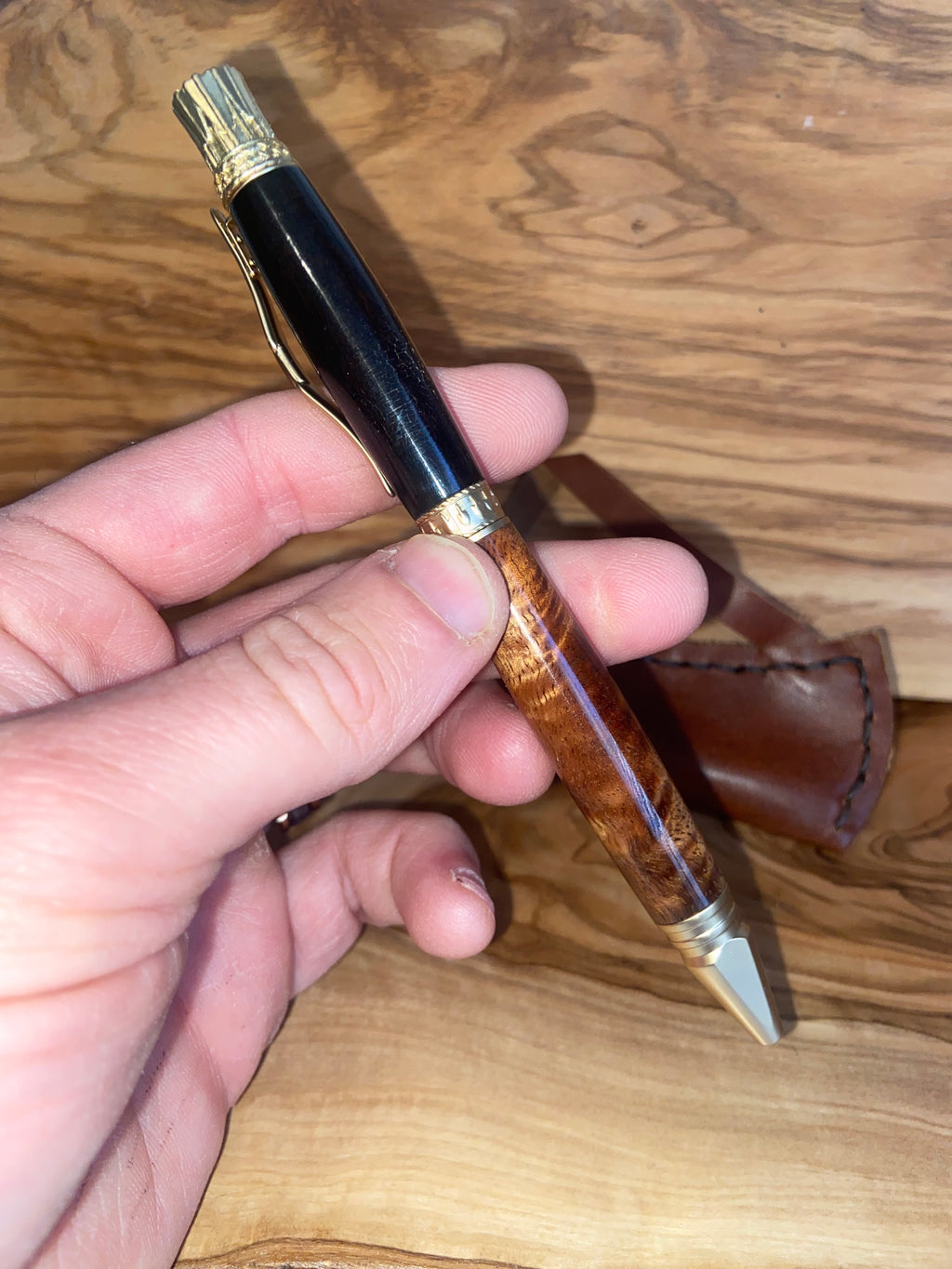 Ebony & Curly Koa Satin Gold Archery Twist Pen